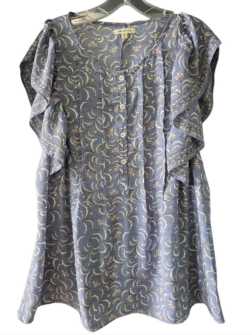 Max Studio Light Blue Floral Ruffled Flutter Sleeve Blouse Size X-Large